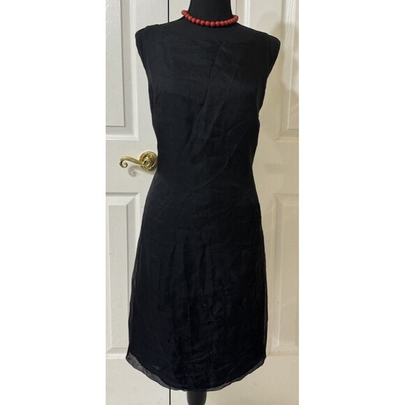 VTG 90s CASUAL Corner Old Stock Black Floral Silk Sleeveless Sheath Dress- Sz12 - Picture 1 of 7